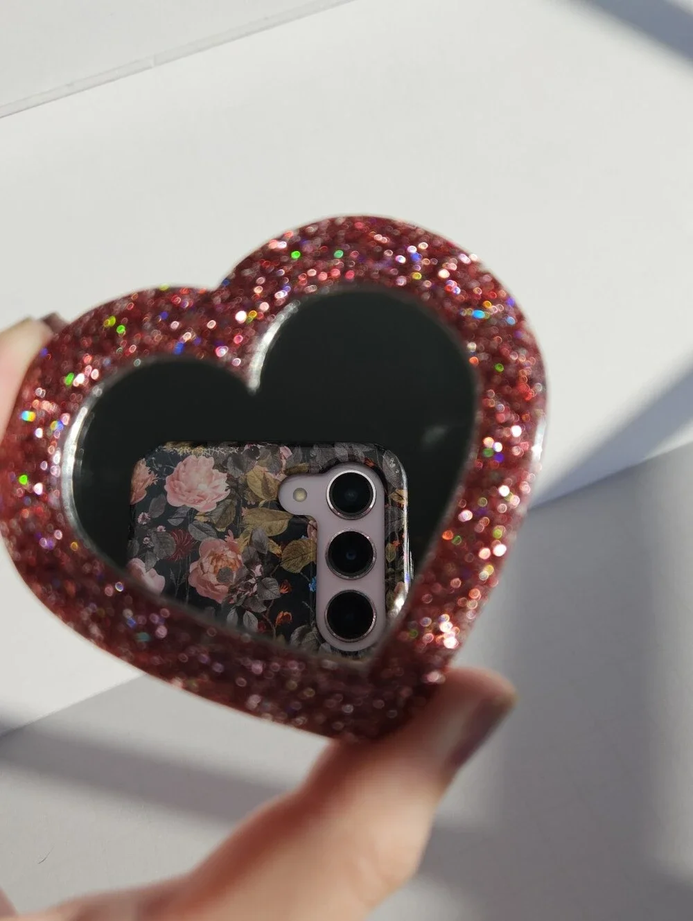 Handmade Pink Glitter Heart Resin Pocket Mirror Cute Girly Accessories